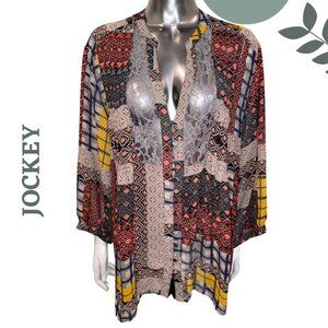 Jockey Boho Patchwork Tunic | Printed Long Sleeve Lace Detail Top Semi Sheer XL